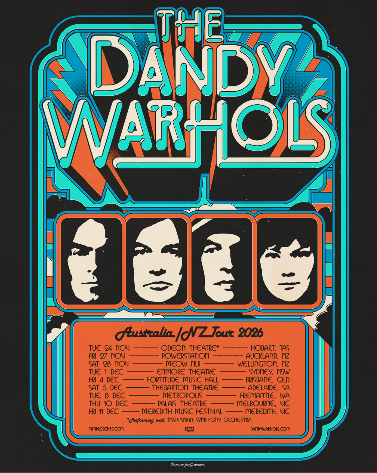 Retro-style tour poster for The Dandy Warhols Australia and New Zealand 2026 tour featuring band portraits and concert dates.